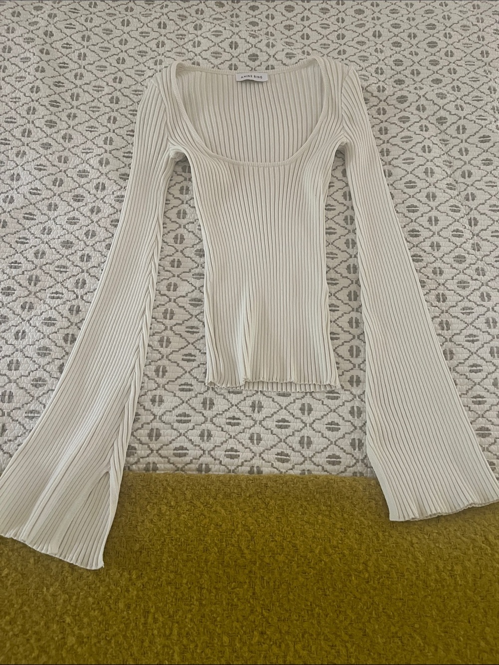 Anine Bing Cream Ribbed Scoop-Neck Long Sleeve Top